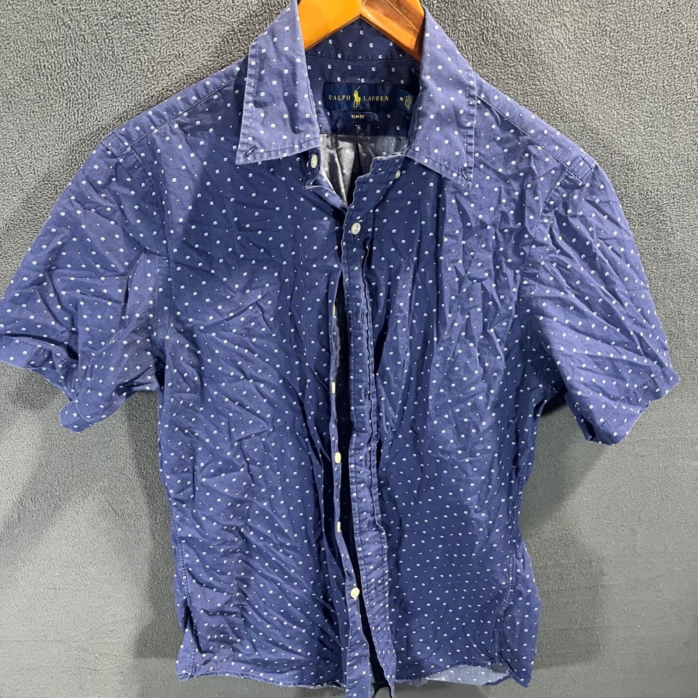 Ralph Lauren Mens Slim Fit Short Sleeve Button Down Shirt Navy Blue Dot Size M
